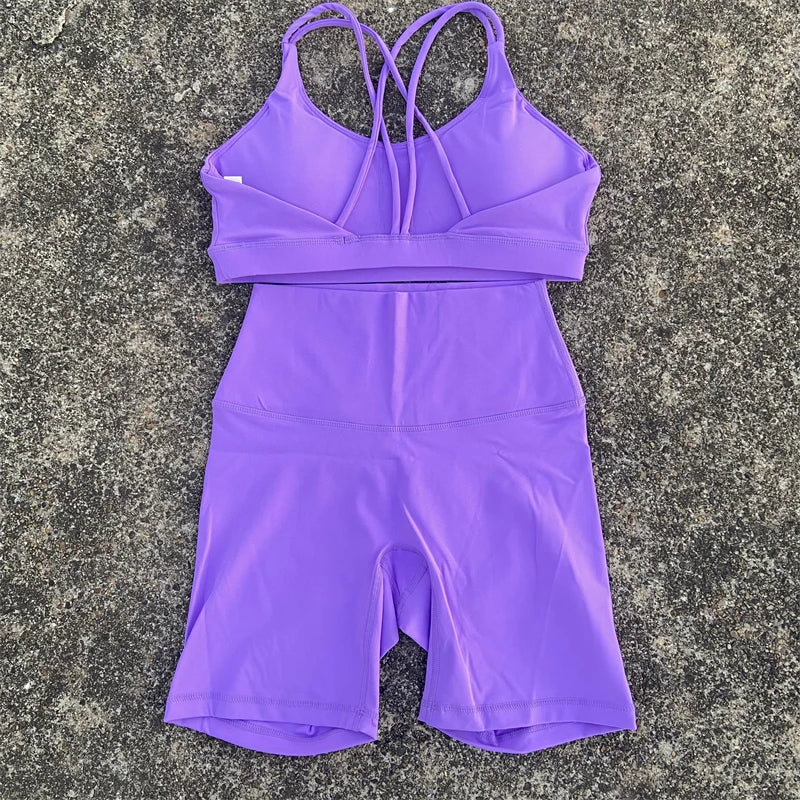 Women Yoga Set Two Piece High Waist Shorts Nylon Spandex Cross Back Bra Top
