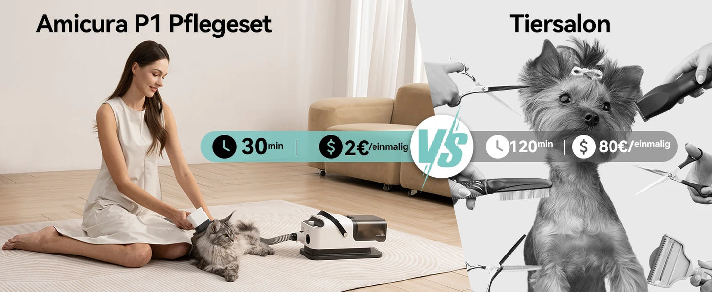Amicura P1 Vacuum Cleaner & Hair Dryer 15kpa, Pet Grooming Set Adjustable Speed and Temperature, 5 Proven Care Tools Dog Clipper