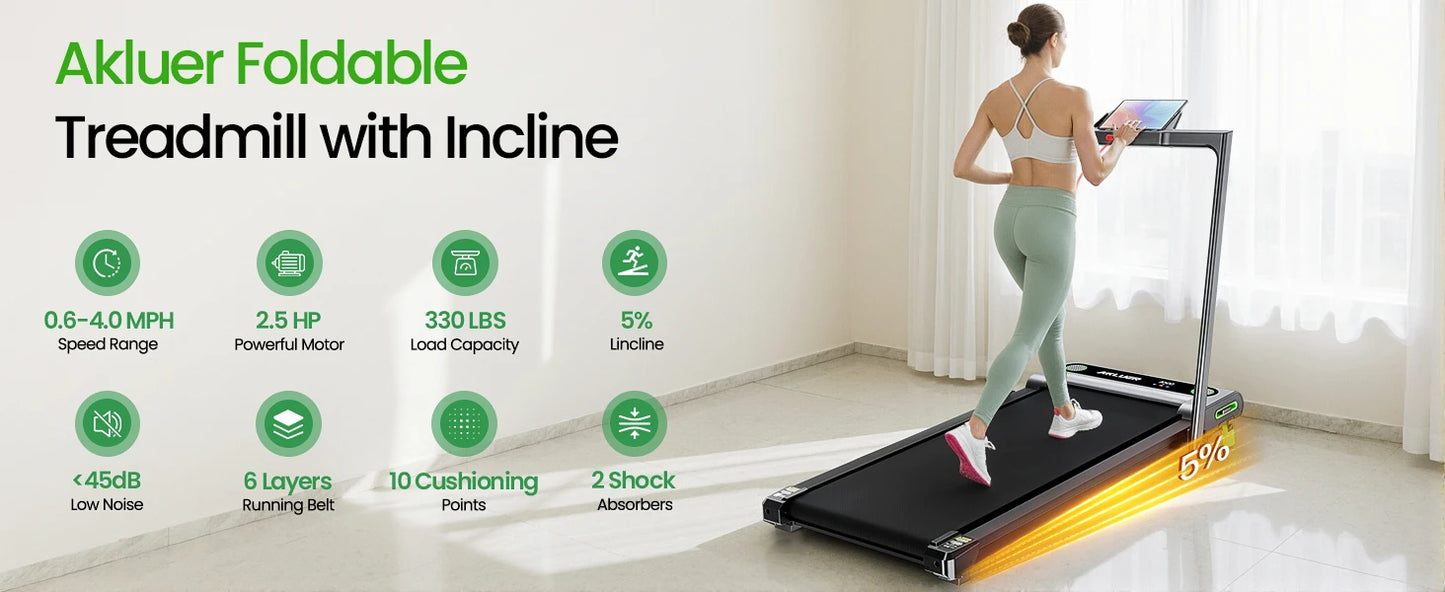 AKLUER Walking Pad Treadmill 2.5HP Desk Treadmill Quiet 45dB Foldable With Remote For Home Office