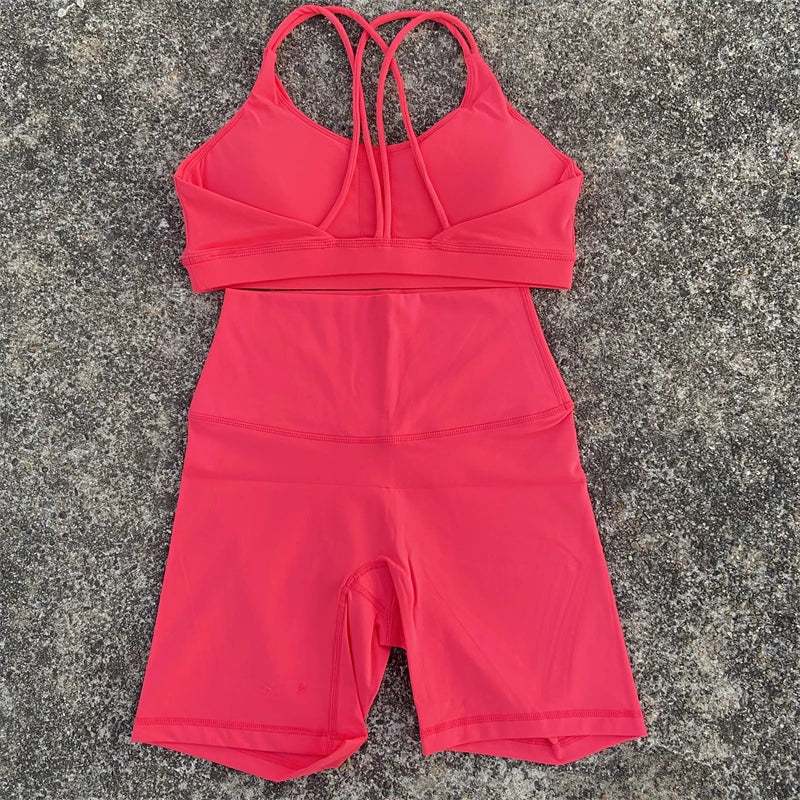 Women Yoga Set Two Piece High Waist Shorts Nylon Spandex Cross Back Bra Top