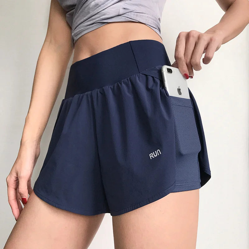 Women 2 In 1 Running Shorts With Elastic Waist Pockets For Yoga Cycling Gym Fitness