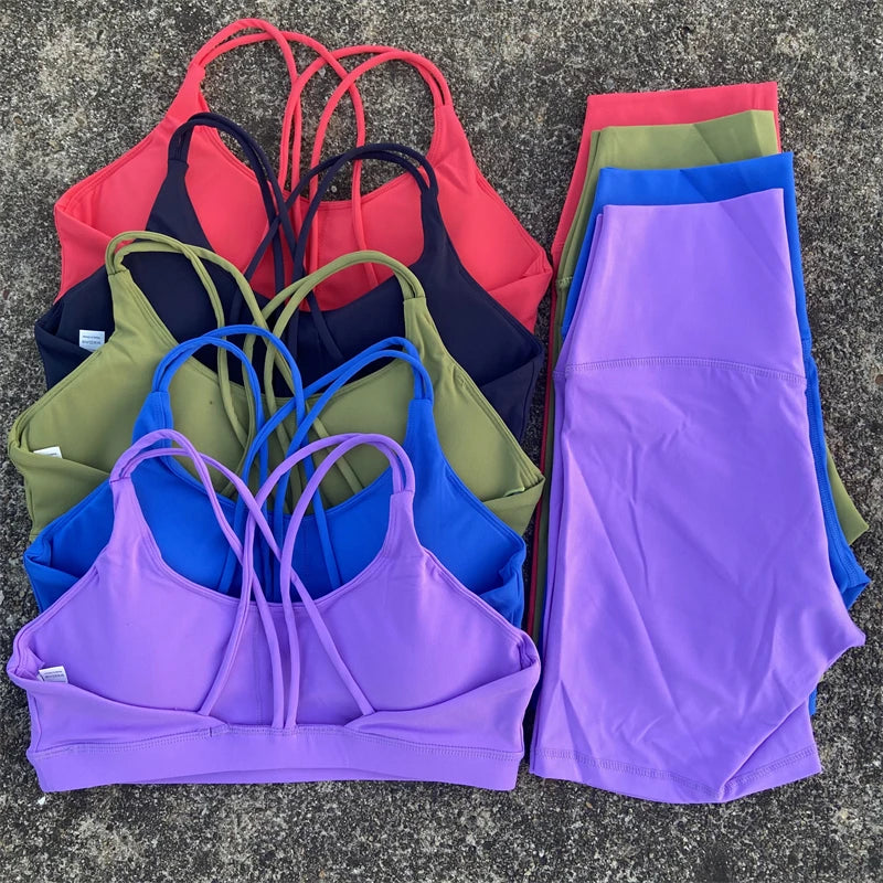 Women Yoga Set Two Piece High Waist Shorts Nylon Spandex Cross Back Bra Top