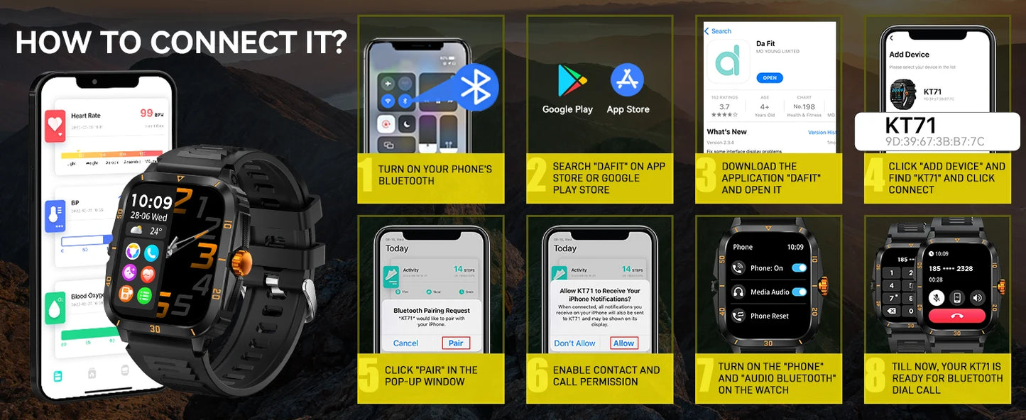 EIGIIS Smart Watch 3ATM Waterproof IPS Screen KT71 Men With 100+ Sport Modes Heart Rate Blood Pressure Bluetooth Call