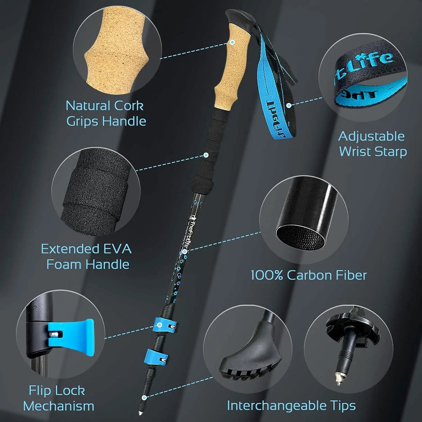 Carbon Fiber Trekking Poles Collapsible Telescopic Cork Handle EVA Grips