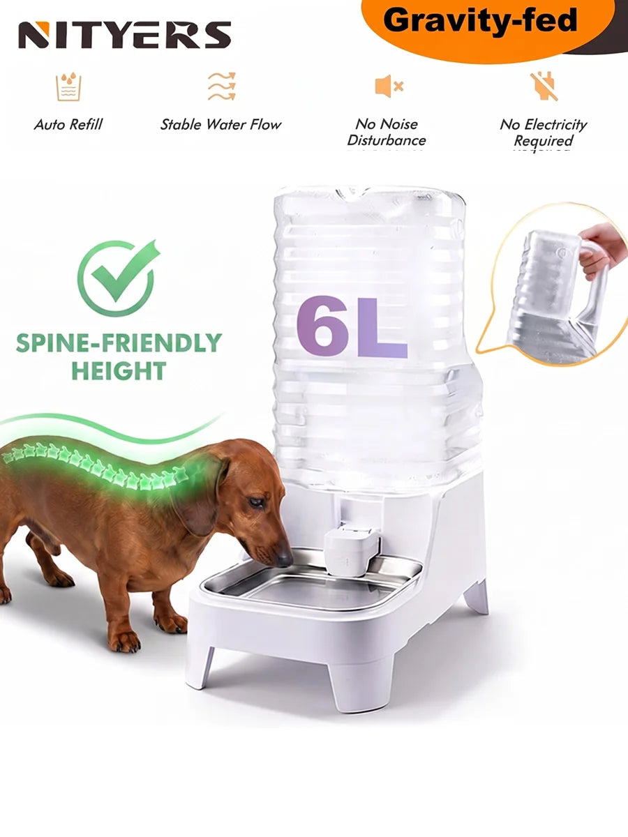 NITYERS Gravity Fed Pet Water Dispenser With Stainless Steel Bowl