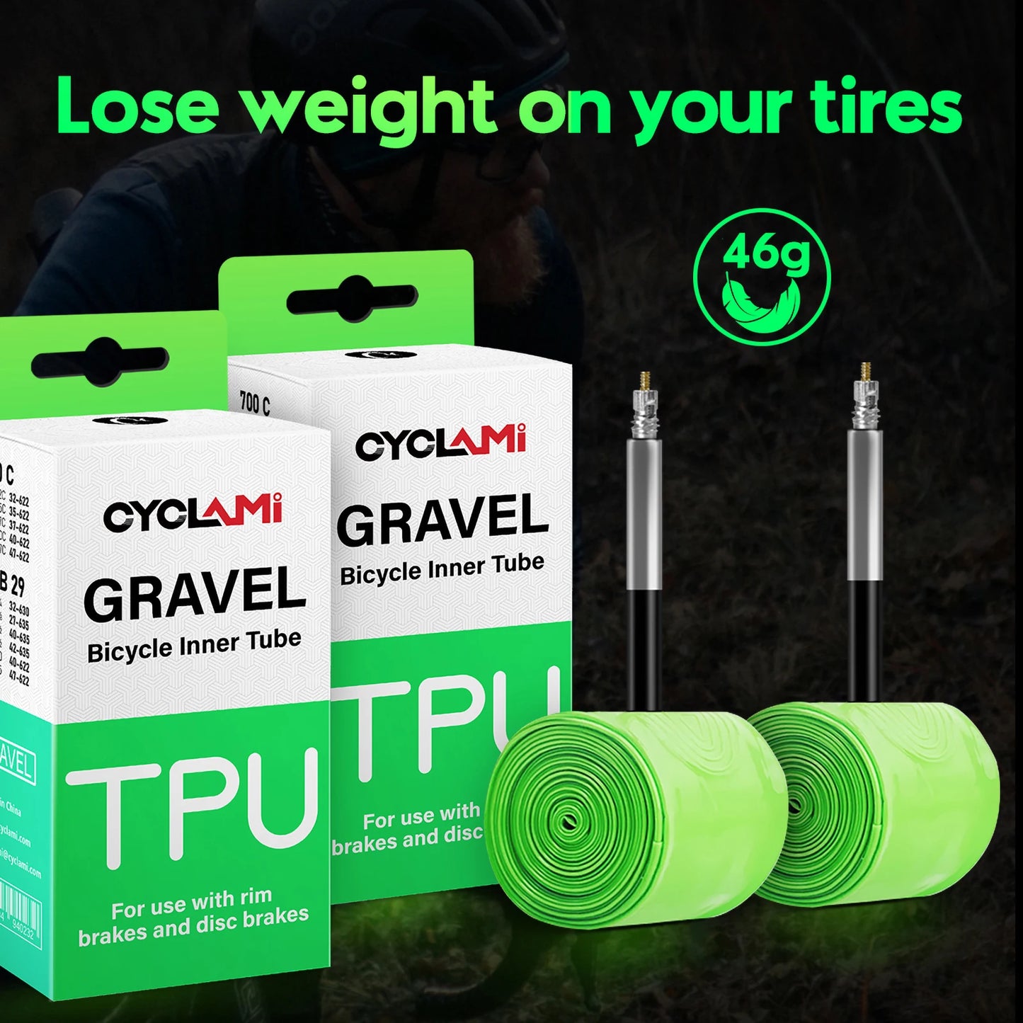 CYCLAMI Ultralight Gravel Bike TPU Inner Tube 2 Pack