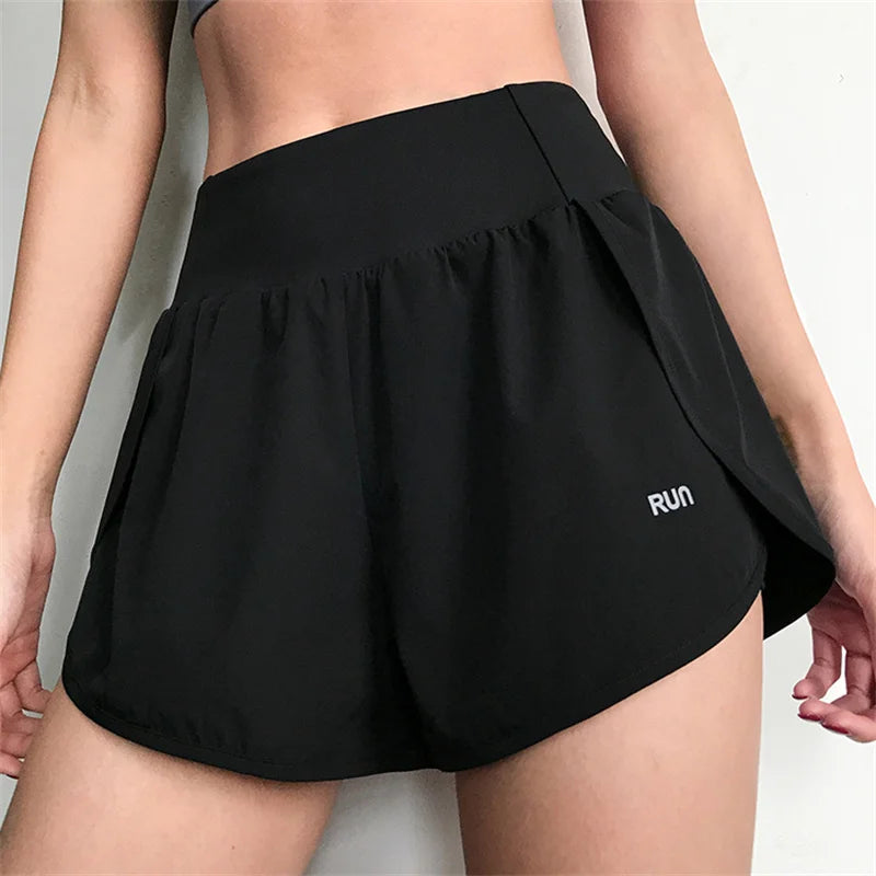 Women 2 In 1 Running Shorts With Elastic Waist Pockets For Yoga Cycling Gym Fitness