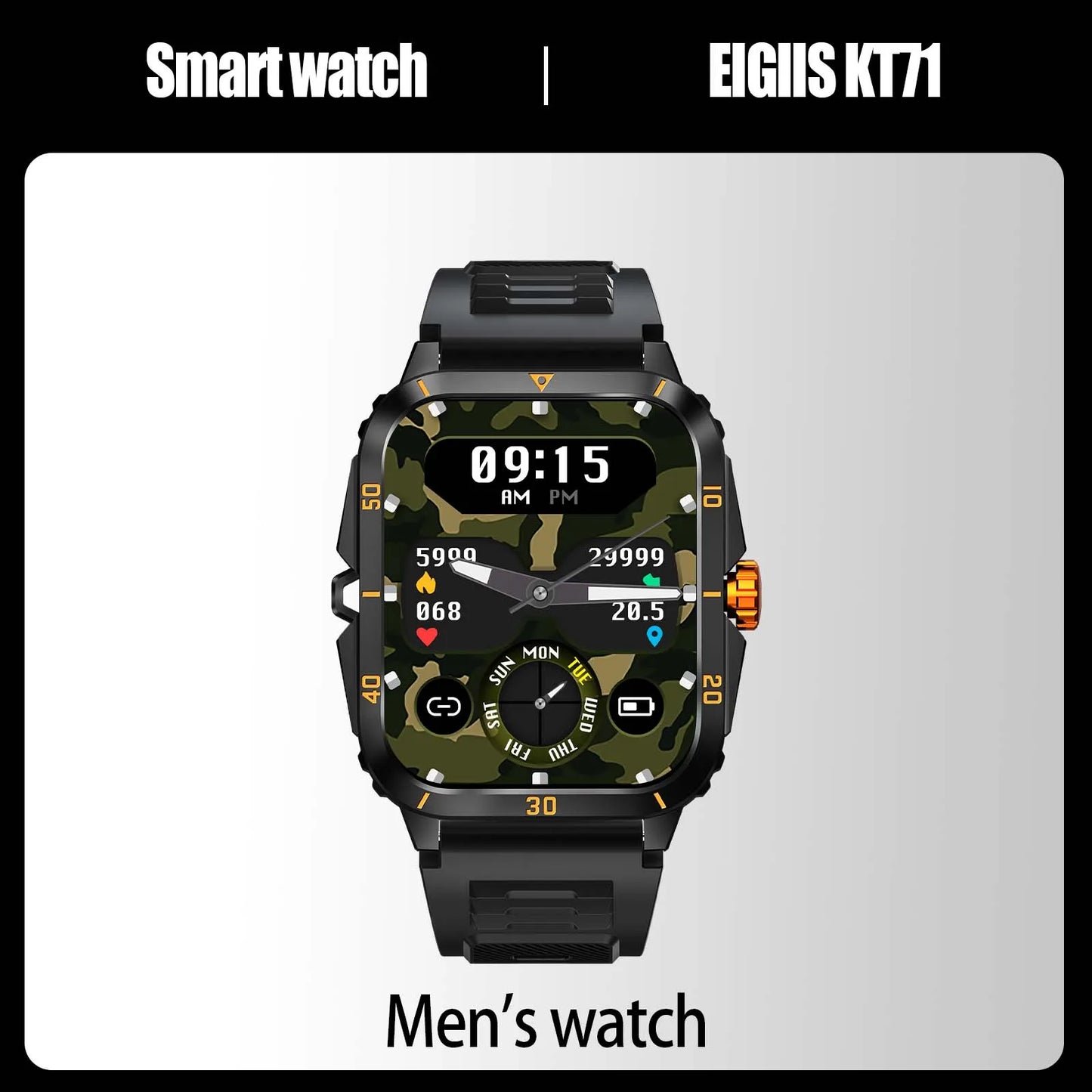 EIGIIS Smart Watch 3ATM Waterproof IPS Screen KT71 Men With 100+ Sport Modes Heart Rate Blood Pressure Bluetooth Call