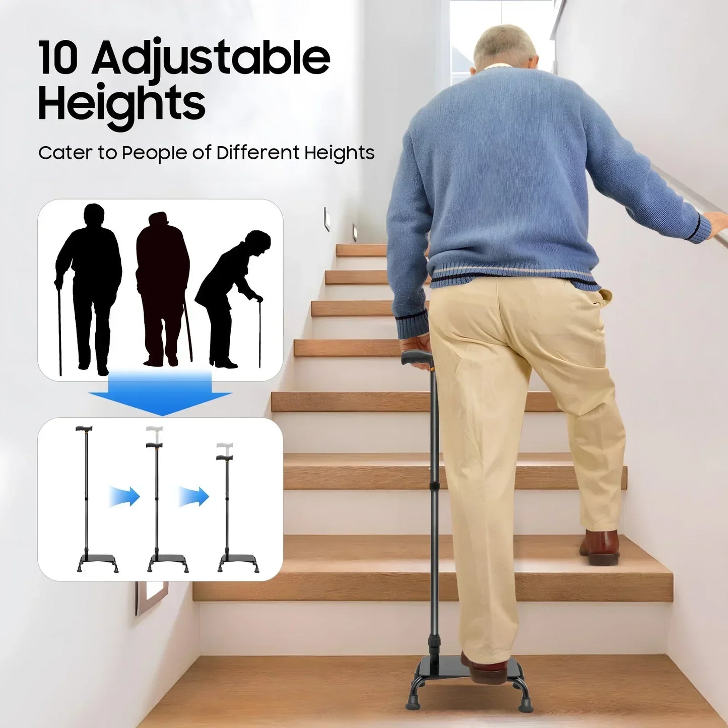 Stair Climbing Assist Cane With Adjustable Height UltraDurable Lightweight Aluminum