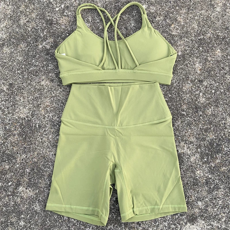 Women Yoga Set Two Piece High Waist Shorts Nylon Spandex Cross Back Bra Top