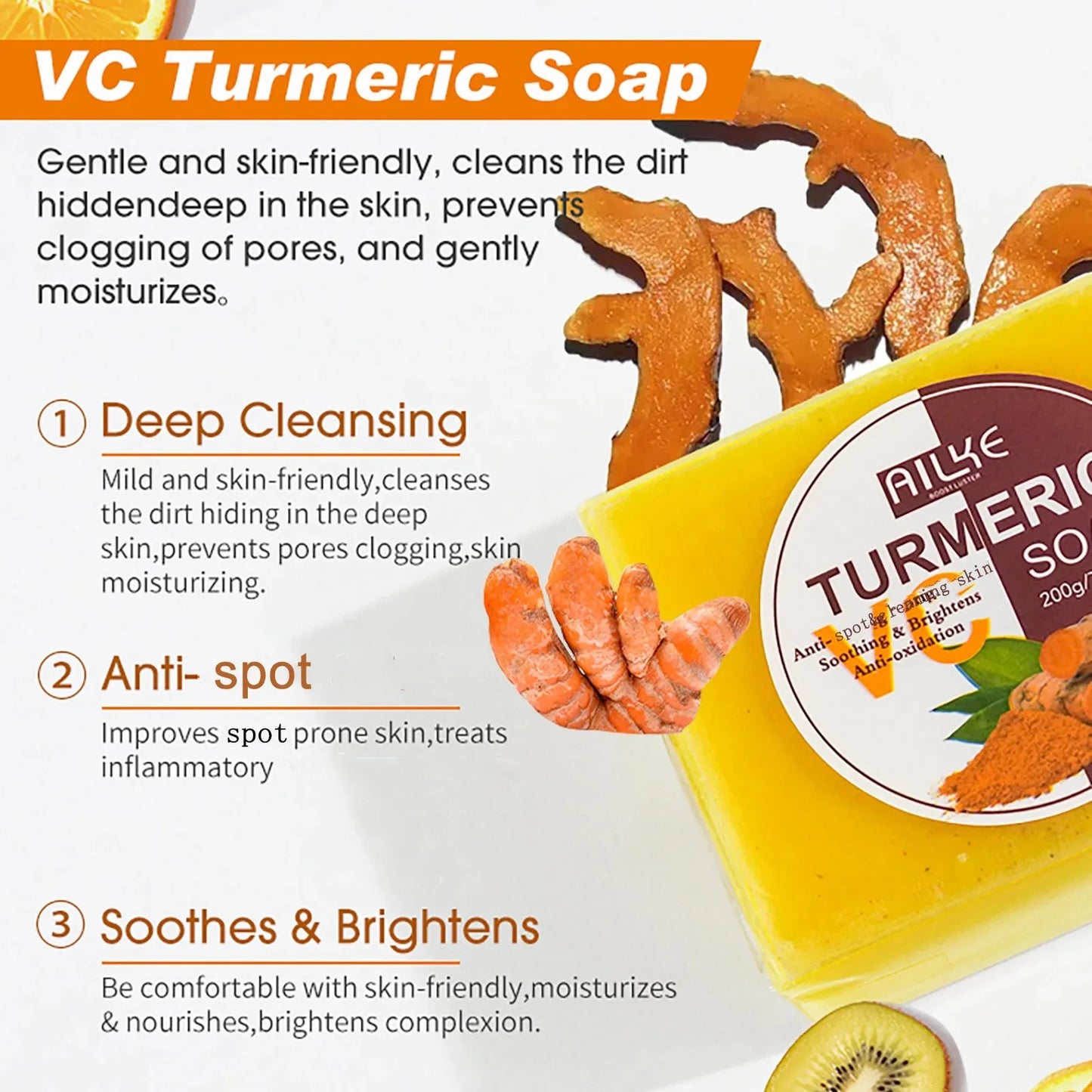 AILKE Turmeric Bath Soap For Face Body Hands Brightening Acne
