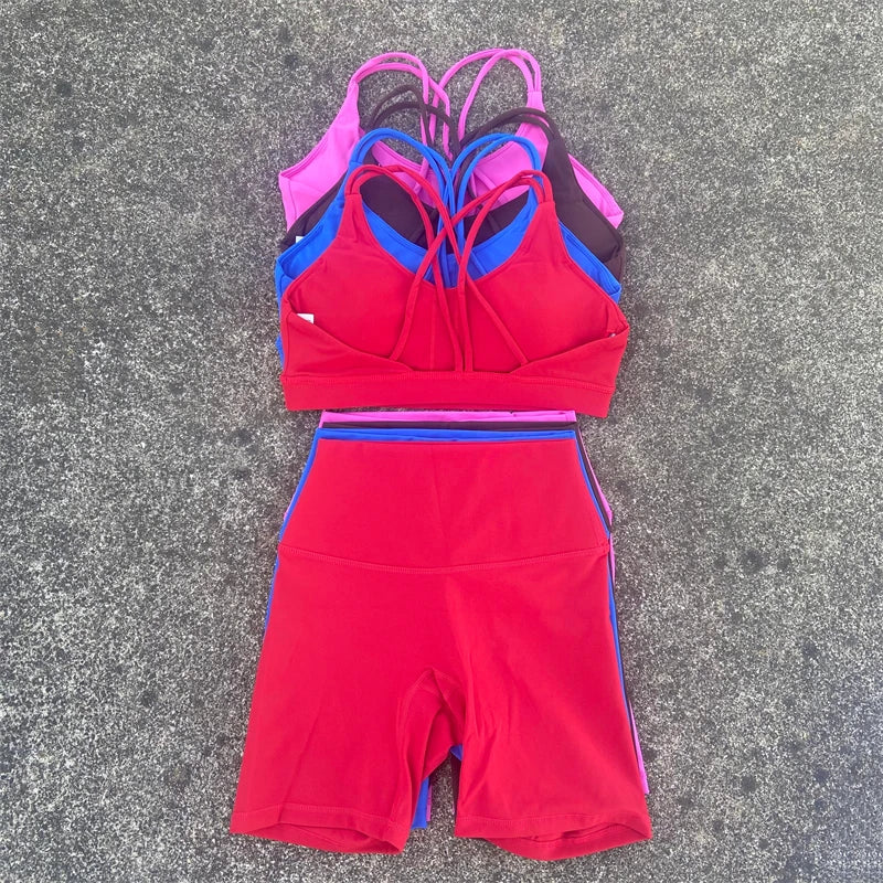 Women Yoga Set Two Piece High Waist Shorts Nylon Spandex Cross Back Bra Top
