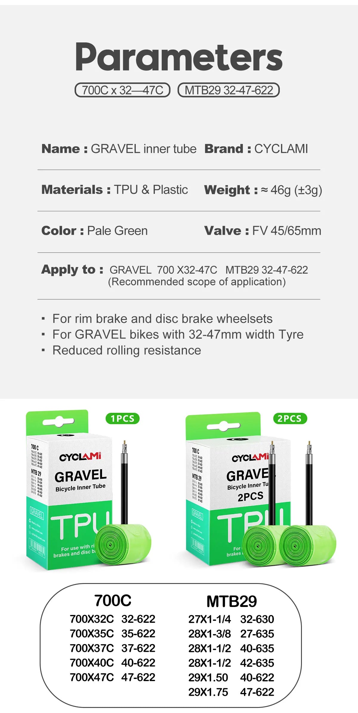 CYCLAMI Ultralight Gravel Bike TPU Inner Tube 2 Pack