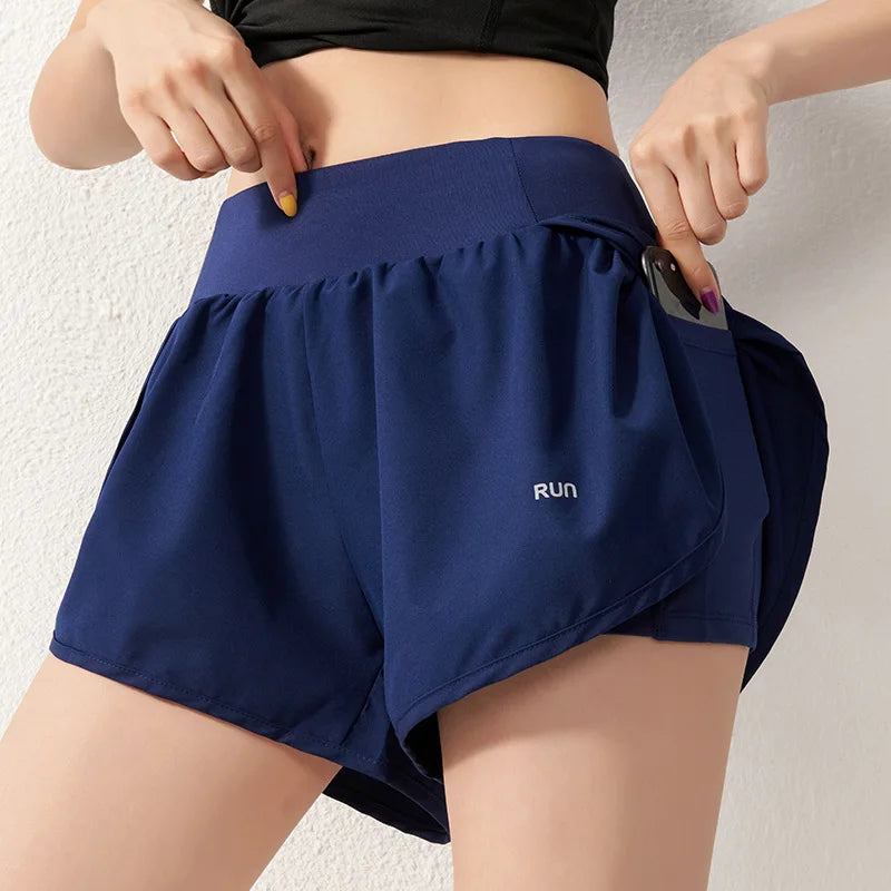 Women 2 In 1 Running Shorts With Elastic Waist Pockets For Yoga Cycling Gym Fitness