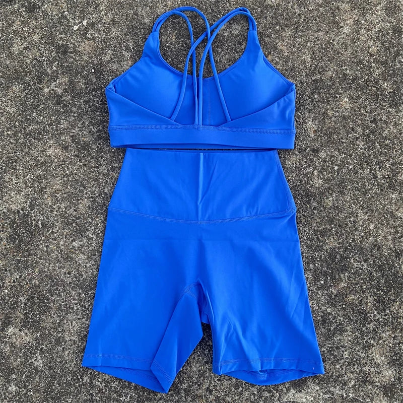 Women Yoga Set Two Piece High Waist Shorts Nylon Spandex Cross Back Bra Top