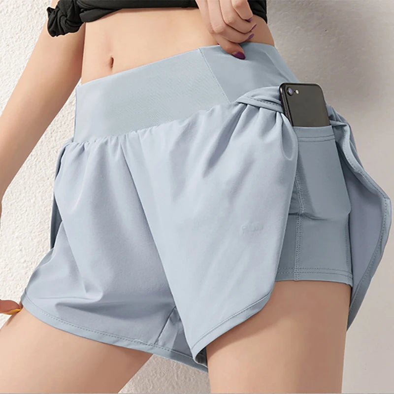Women 2 In 1 Running Shorts With Elastic Waist Pockets For Yoga Cycling Gym Fitness