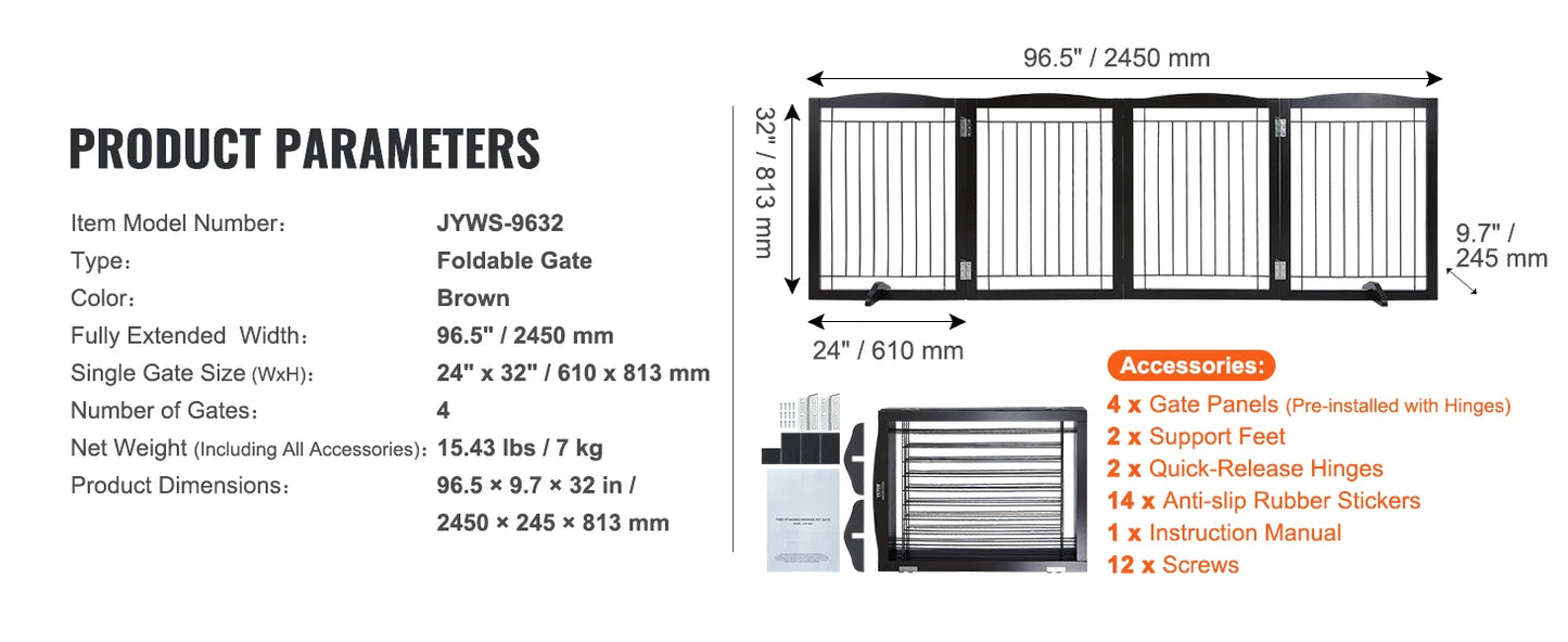 SucceBuy Free Standing Dog Gate 3 Panels Foldable Barrier