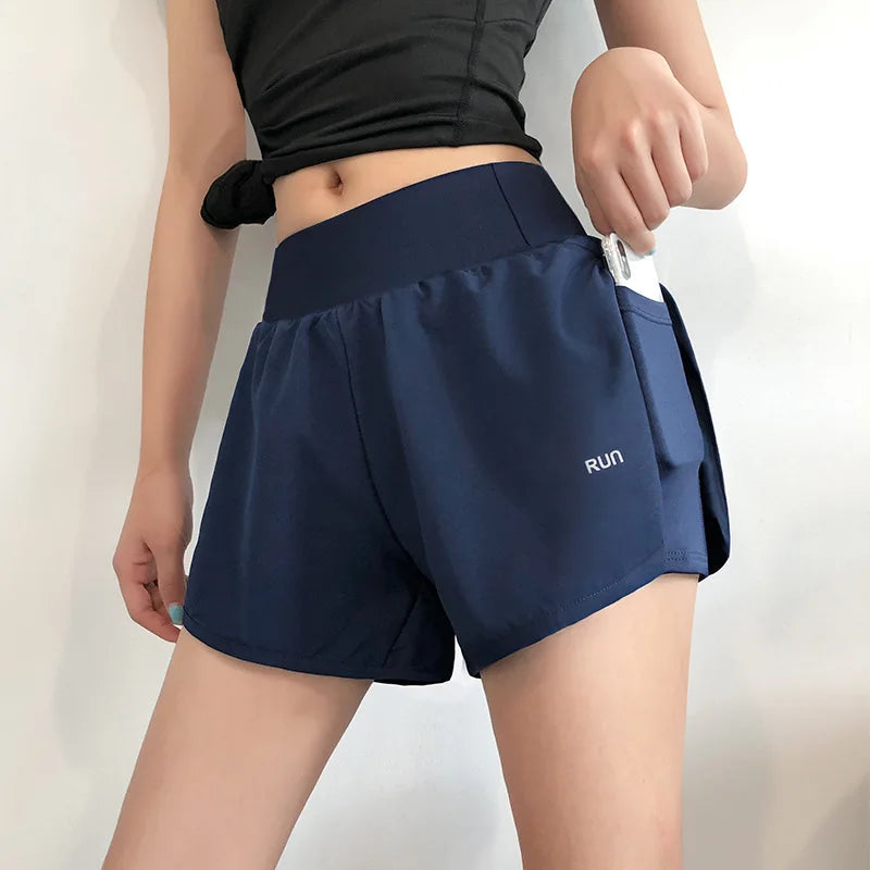 Women 2 In 1 Running Shorts With Elastic Waist Pockets For Yoga Cycling Gym Fitness