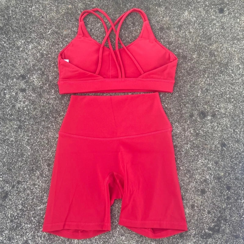 Women Yoga Set Two Piece High Waist Shorts Nylon Spandex Cross Back Bra Top