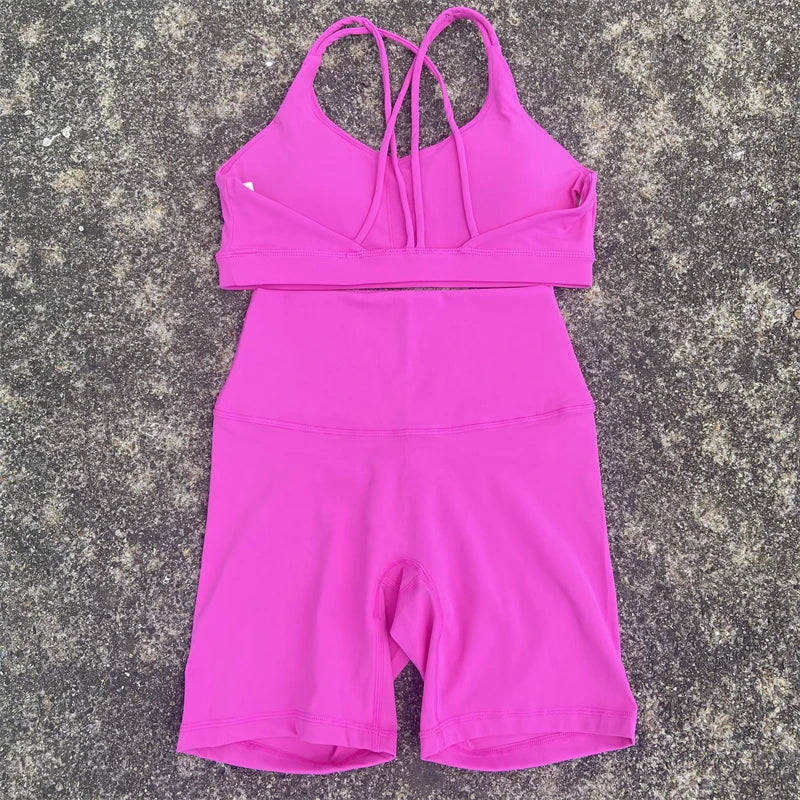 Women Yoga Set Two Piece High Waist Shorts Nylon Spandex Cross Back Bra Top