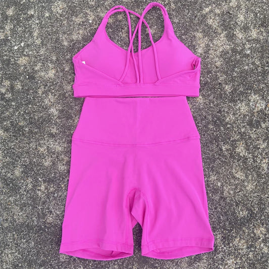 Women Yoga Set Two Piece High Waist Shorts Nylon Spandex Cross Back Bra Top