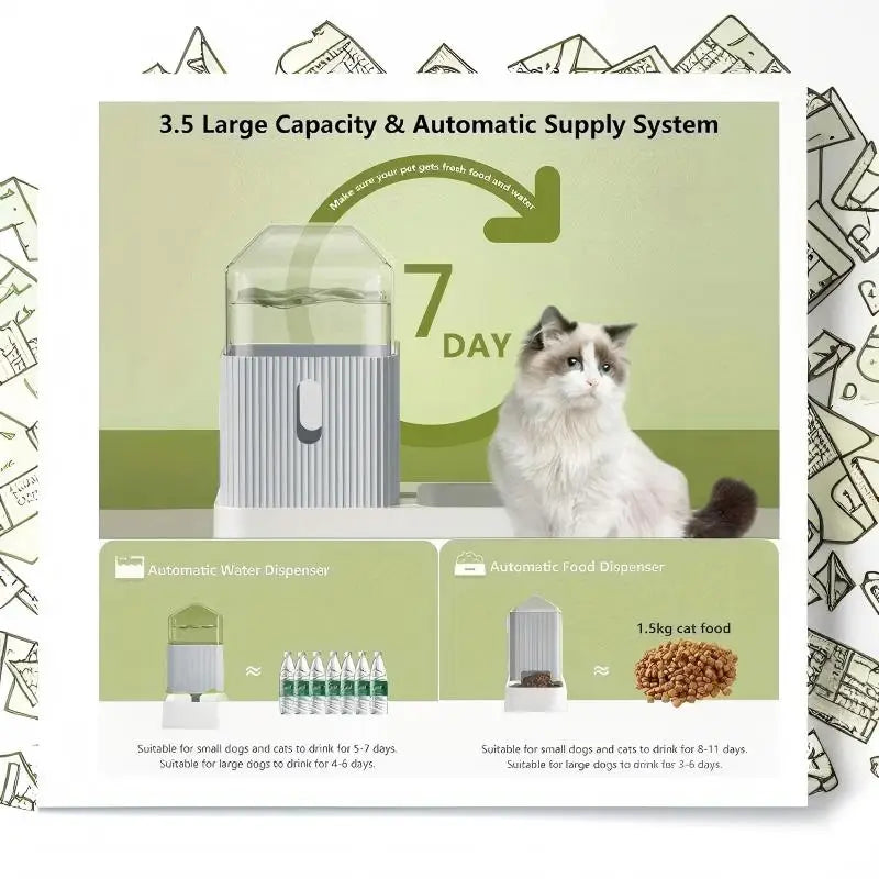 3.5L Large Capacity Automatic Dog Cat Feeder And Water Dispenser | All In One Gravity Pet Feeding Set With Removable Food Bowls