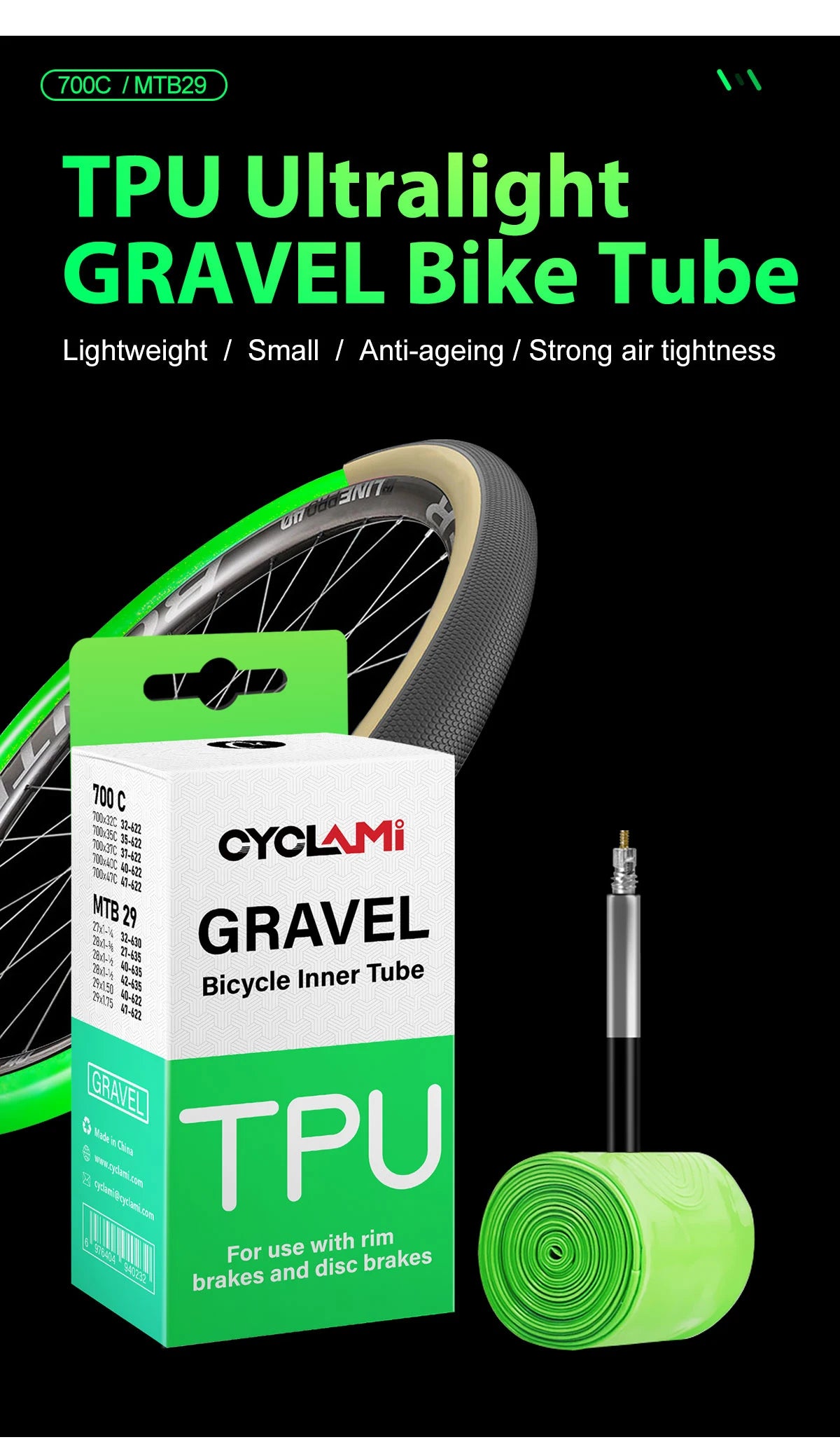 CYCLAMI Ultralight Gravel Bike TPU Inner Tube 2 Pack