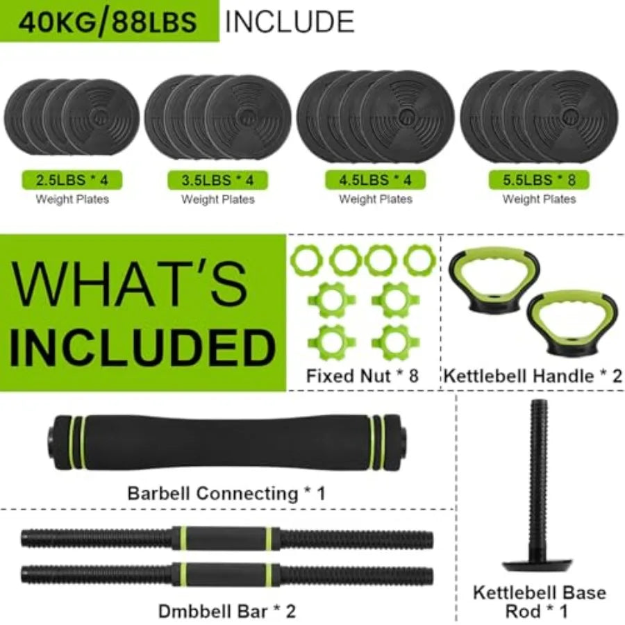 NONE 88Lb Adjustable 4In1 Weight Set For Home Gym Dumbbells Barbells Kettlebells