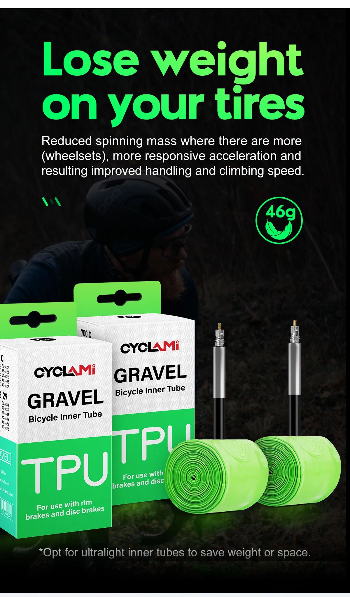 CYCLAMI Ultralight Gravel Bike TPU Inner Tube 2 Pack