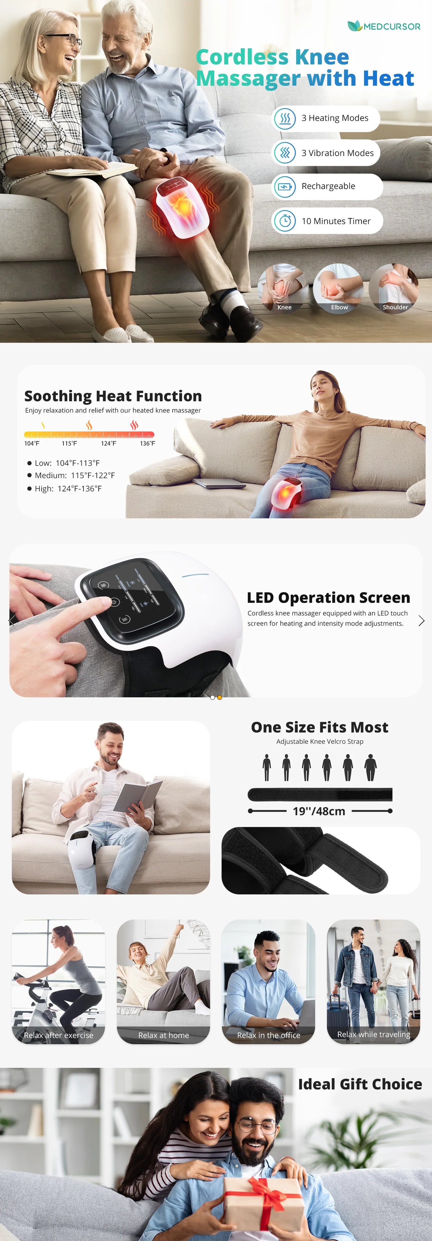 Medcursor Electric Heating Massage Knee Pad Wireless Heated Knee Massager Temperature Hot Compress Vibration Massage