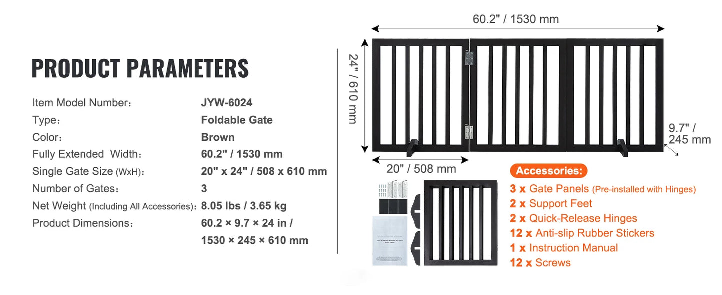 SucceBuy Free Standing Dog Gate 3 Panels Foldable Barrier