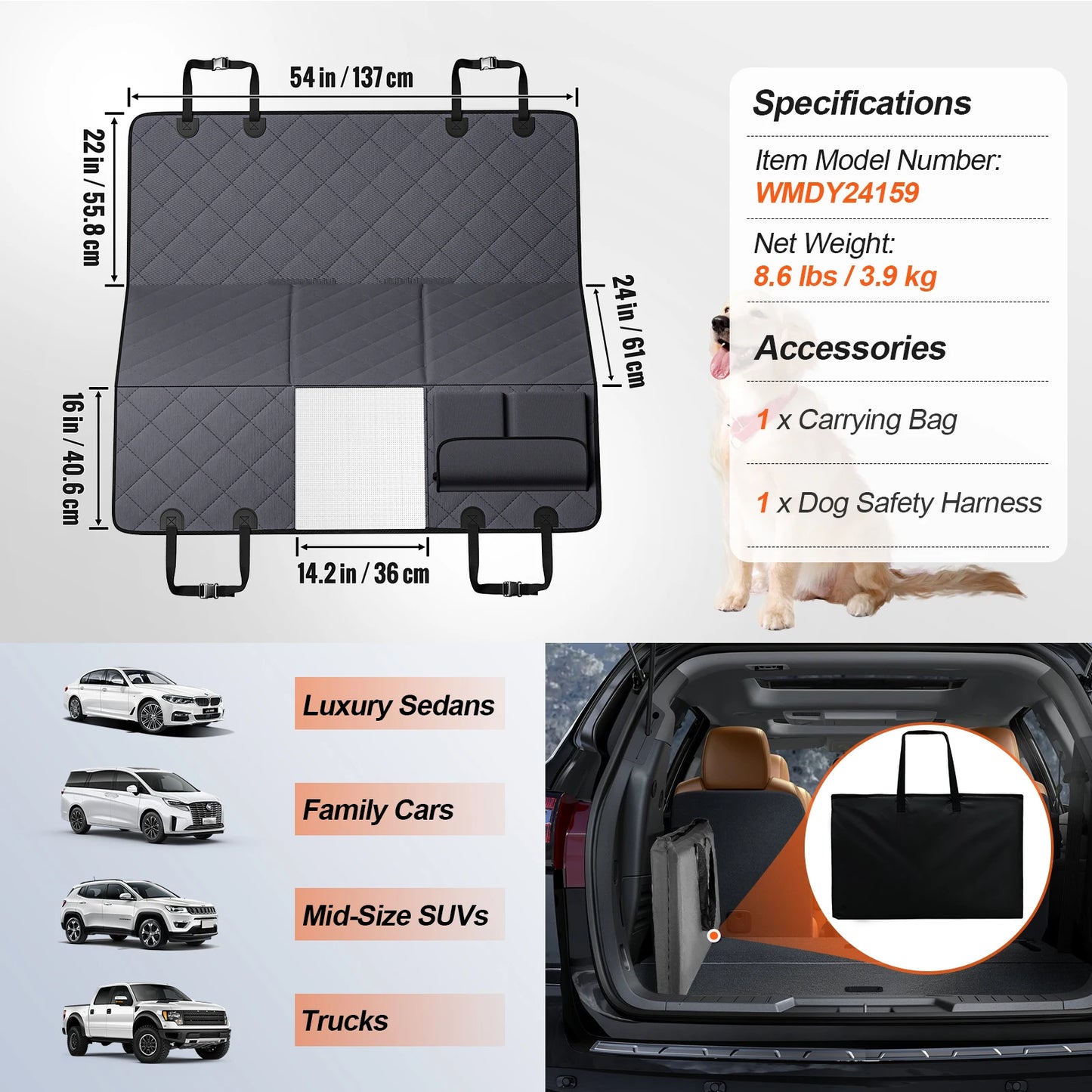 SucceBuy Back Seat Extender for Dogs Dog Hammock for Car Back seat Waterproof Hard Bottom Dog Car Seat Cover for Back Seat