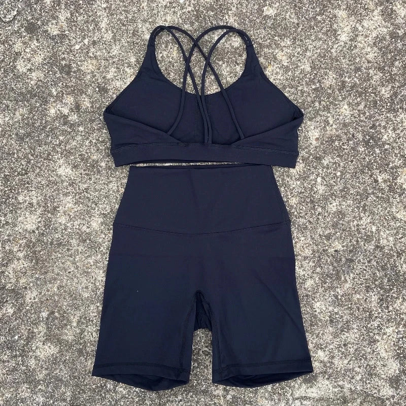 Women Yoga Set Two Piece High Waist Shorts Nylon Spandex Cross Back Bra Top