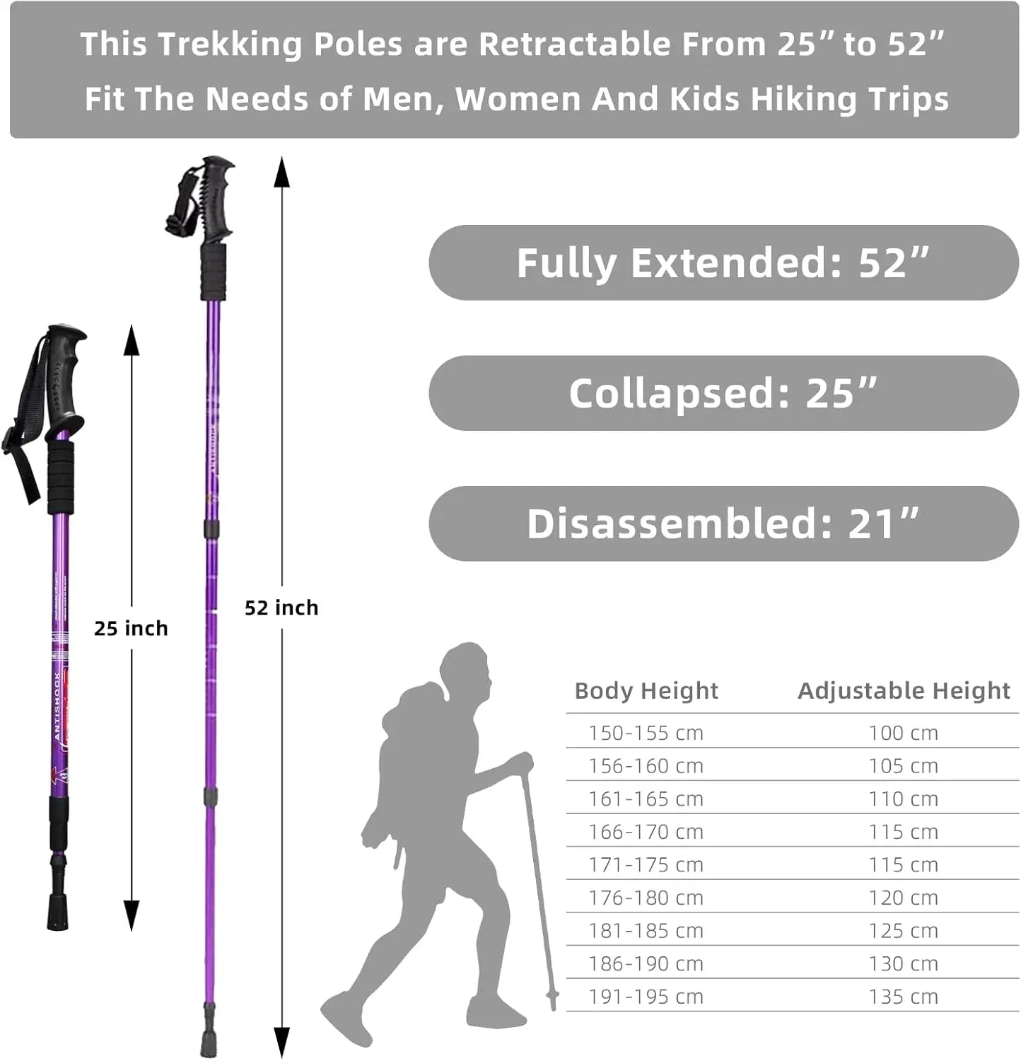 XMSJ Hiking Trekking Poles 2-Pack Adjustable Anti-Shock Walking Sticks