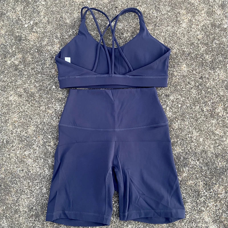 Women Yoga Set Two Piece High Waist Shorts Nylon Spandex Cross Back Bra Top