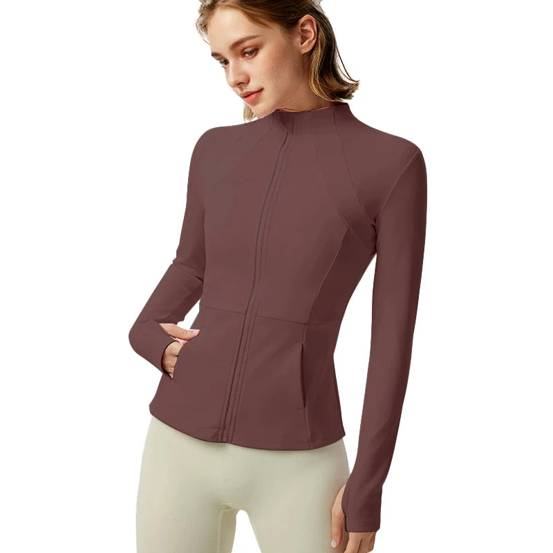 Women's Lightweight Yoga Jacket with Zipper Pockets and Thumb Hole