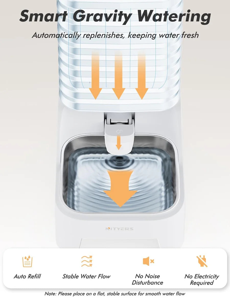 NITYERS Gravity Fed Pet Water Dispenser With Stainless Steel Bowl