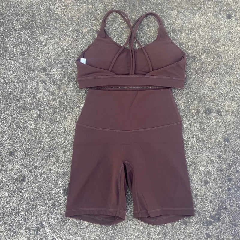 Women Yoga Set Two Piece High Waist Shorts Nylon Spandex Cross Back Bra Top