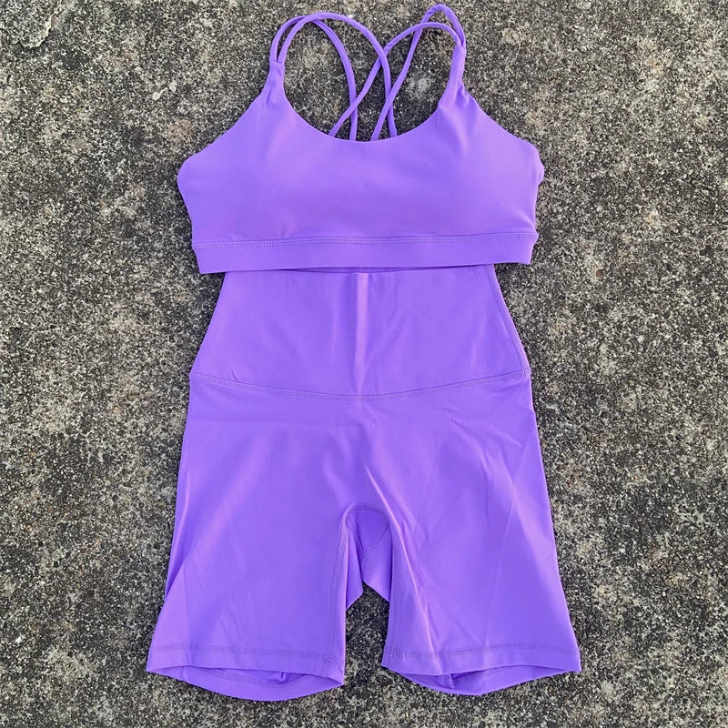 Women Yoga Set Two Piece High Waist Shorts Nylon Spandex Cross Back Bra Top