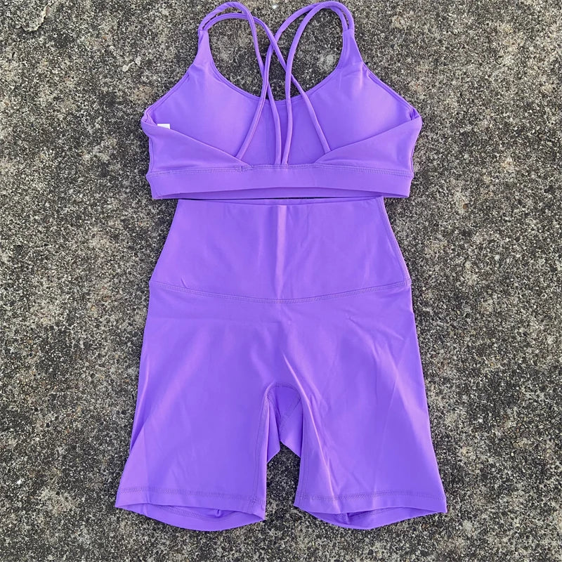 Women Yoga Set Two Piece High Waist Shorts Nylon Spandex Cross Back Bra Top
