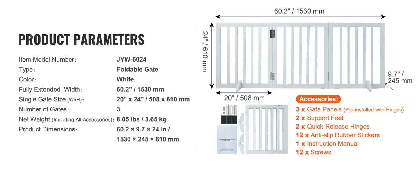 SucceBuy Free Standing Dog Gate 3 Panels Foldable Barrier