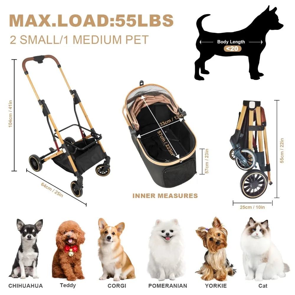 Folding Dog Stroller for Small/Medium Pet with 4 Wheels, Foldable Pet Travel Carrier for Small/Medium Dog Cat Stroller